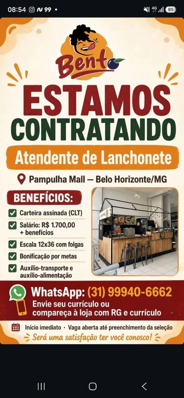 Vaga Atendente Lanchonete 