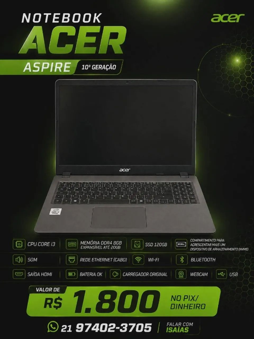Notebook Acer Aspire i3 10º Geração