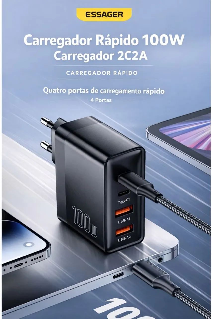 Carregador Rápido Essager 100W 2C2A 4 Portas USB-C e USB Tipo-C Turbo - Foto 2