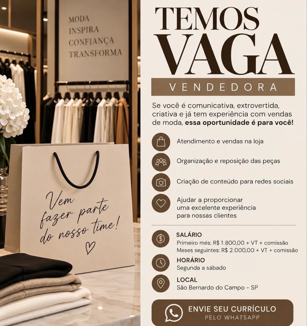 Vaga VENDEDORA LOJA ROUPAS