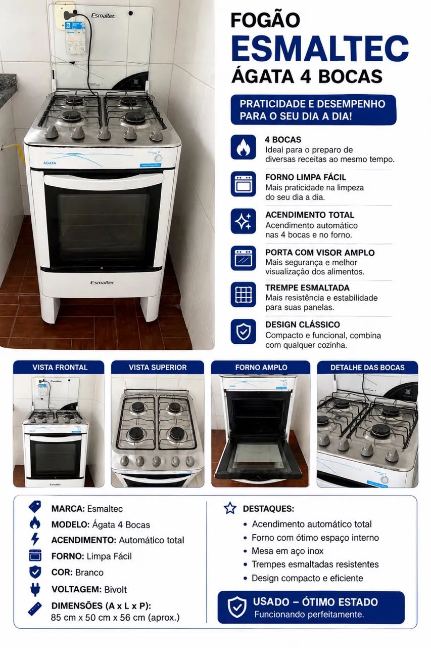 Fogão Esmaltec Ágata 4 Bocas com Acendimento Automático