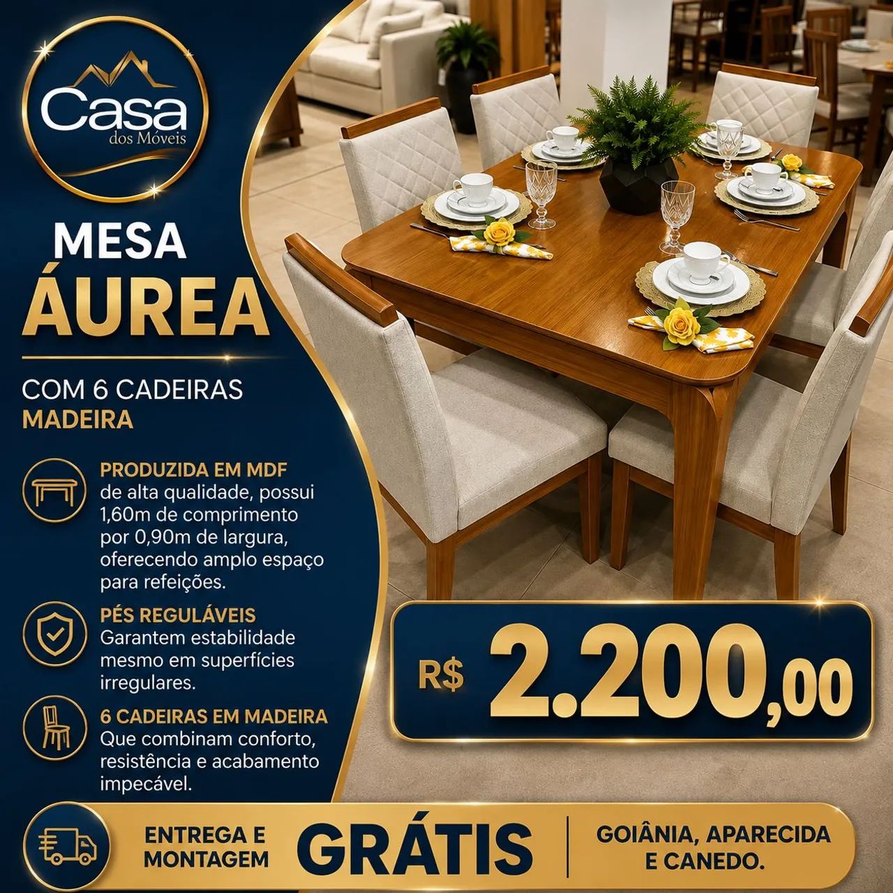Mesa Áurea com 6 Cadeiras em Madeira