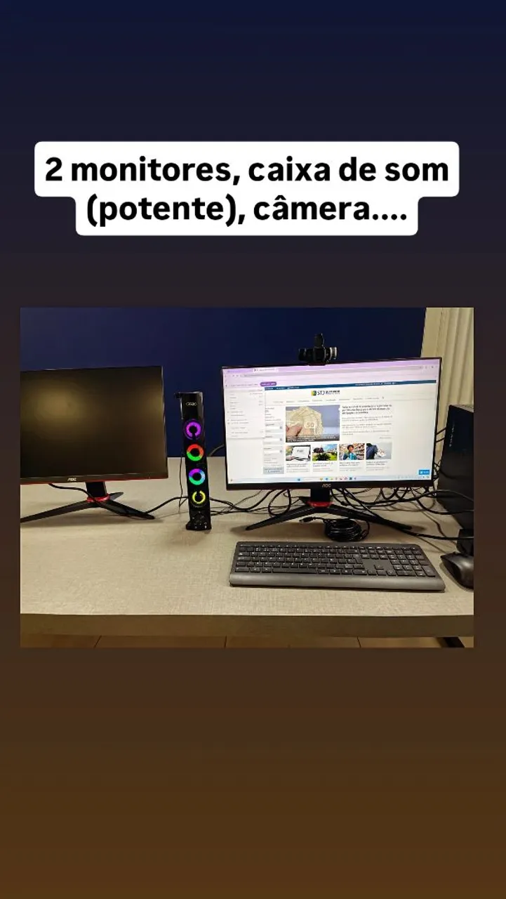 Setup Gamer Completo - 2 Monitores, Câmera, Som Potente