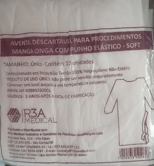 avental descartável manga longa punho elático