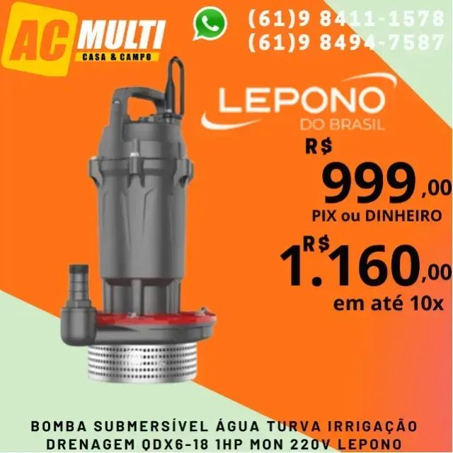 Bomba Submersível água turva irrigação drenagem QDX6-18 1hp mon 220v Lepono