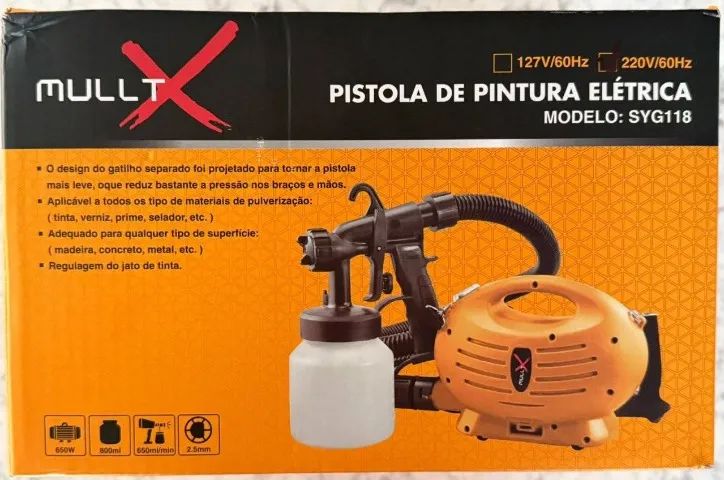 Pistola de Pintura Elétrica Pulverizador MULLTX SYG118 650W HVLP Bico de Metal Cor Amarelo