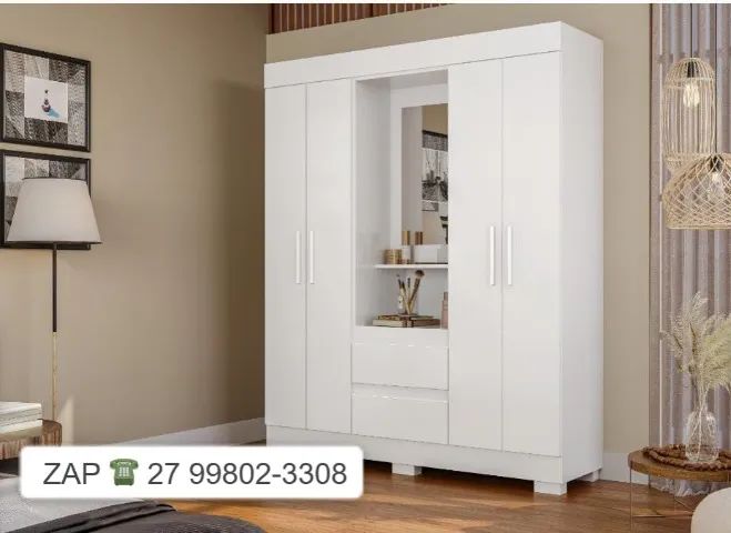 -Guarda Roupa  Isabely 4 Portas com Espelho e Pés - BRANCO