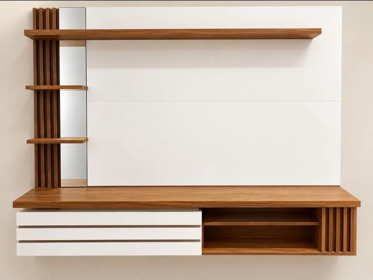 Painel de TV Suspenso com Rack e Gavetas - Madeira e Branco