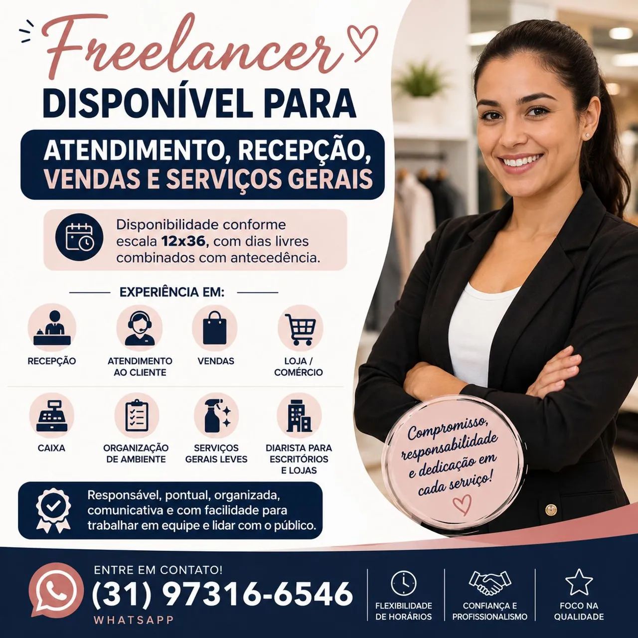 Me ofereço como Freelancer para Atendimento, Recepção, Vendas e Serviços Gerais