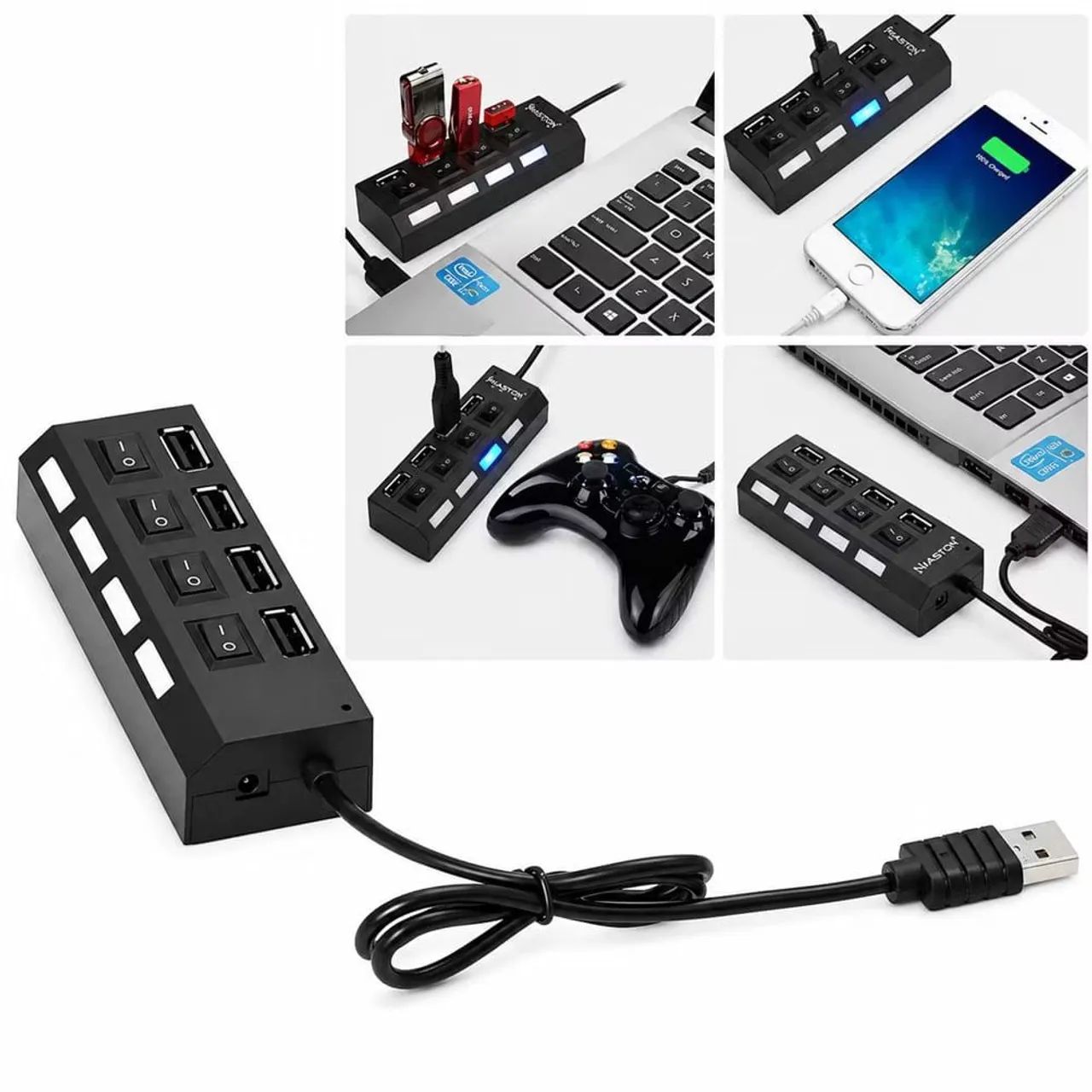 Hub USB 2.0 de 4 portas com led e interruptor 