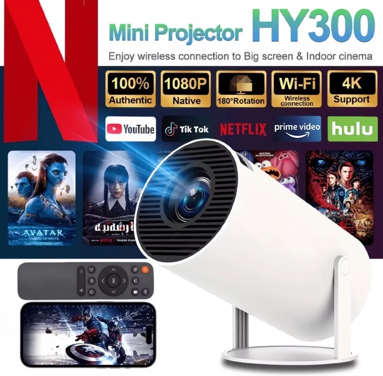 Projetor 4K HD 150 Polegadas Celular, Tv B0x, Xbox, PS, Pc, Wifi e Bluetooth HY300