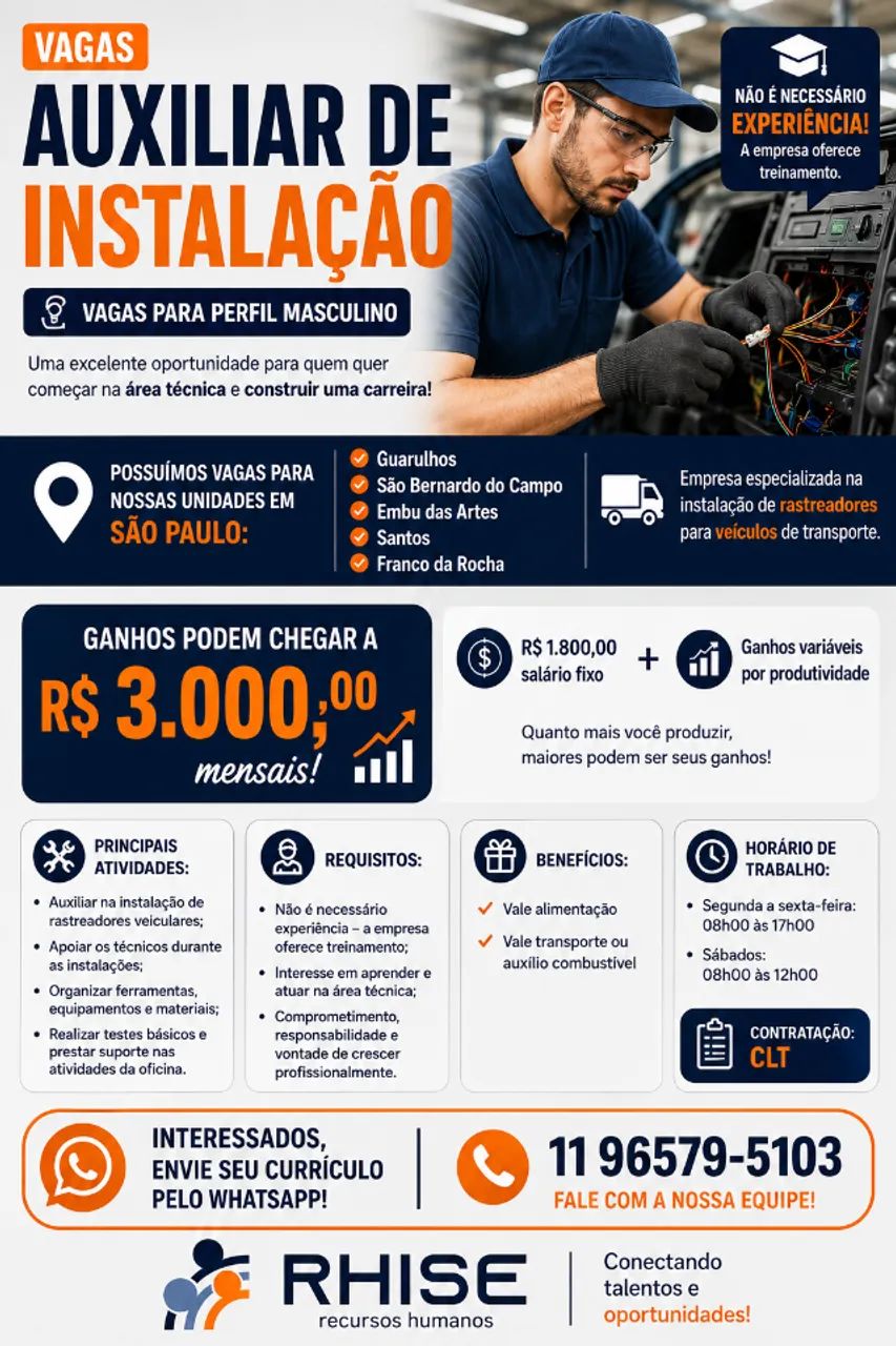 Auxiliar de Instalação Elétrica de Auto , possuir conhecimentos básicos.