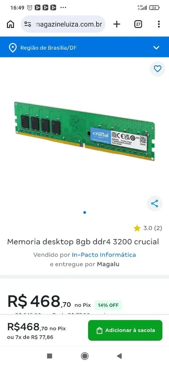 Memória ram crucial 8gb 