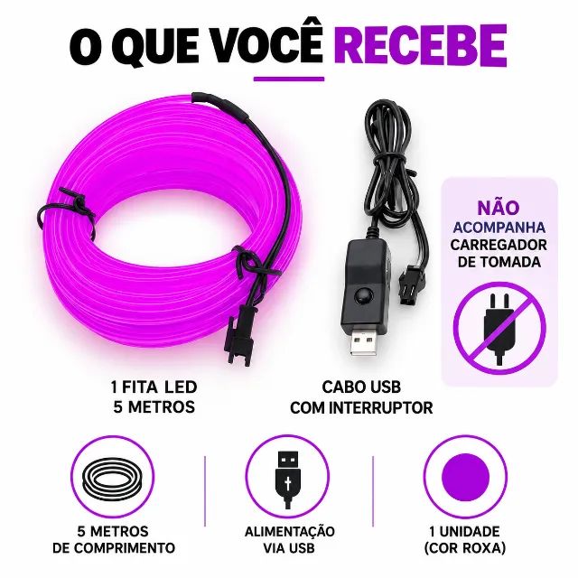 Fita LED Neon Roxa 5 Metros USB Flexível para Carro Quarto e Setup - Foto 4