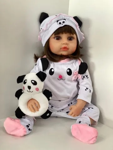 Brastoy Boneca Bebê Reborn Menina Silicone Panda Olhos Castanhos