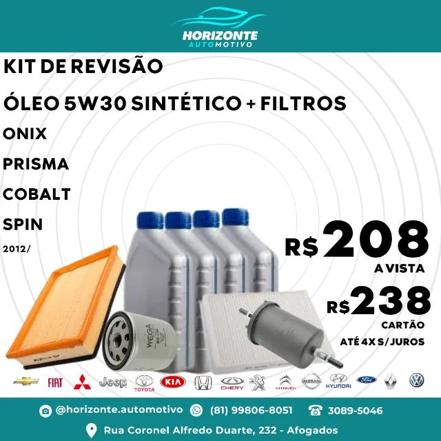Kit revisão Filtros e óleo 5w30 100% sintético onix prisma cobalt spin 12/