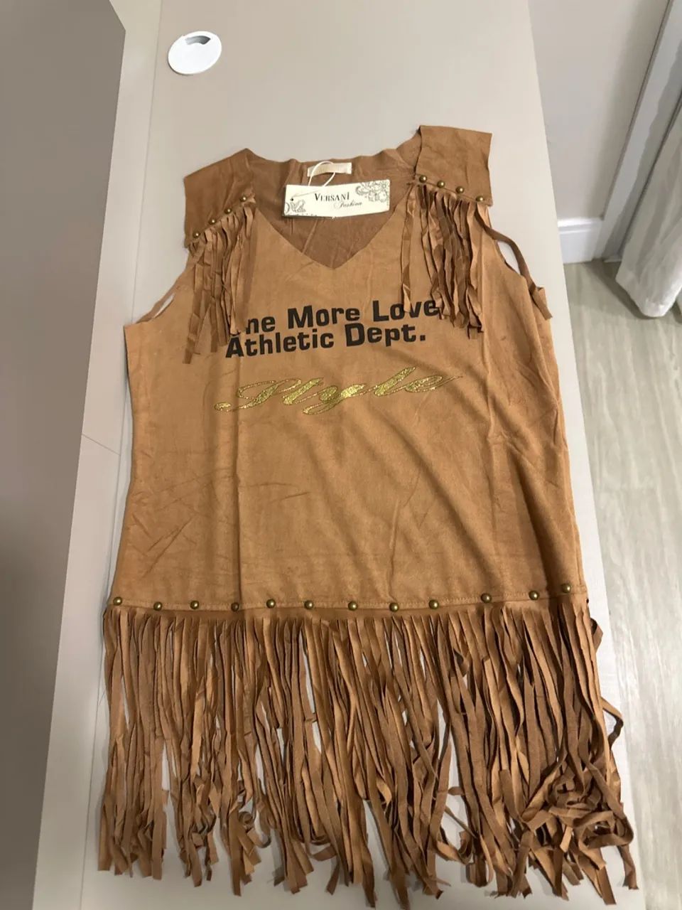 Camiseta com Franjas Marrom em suede  - Foto 4