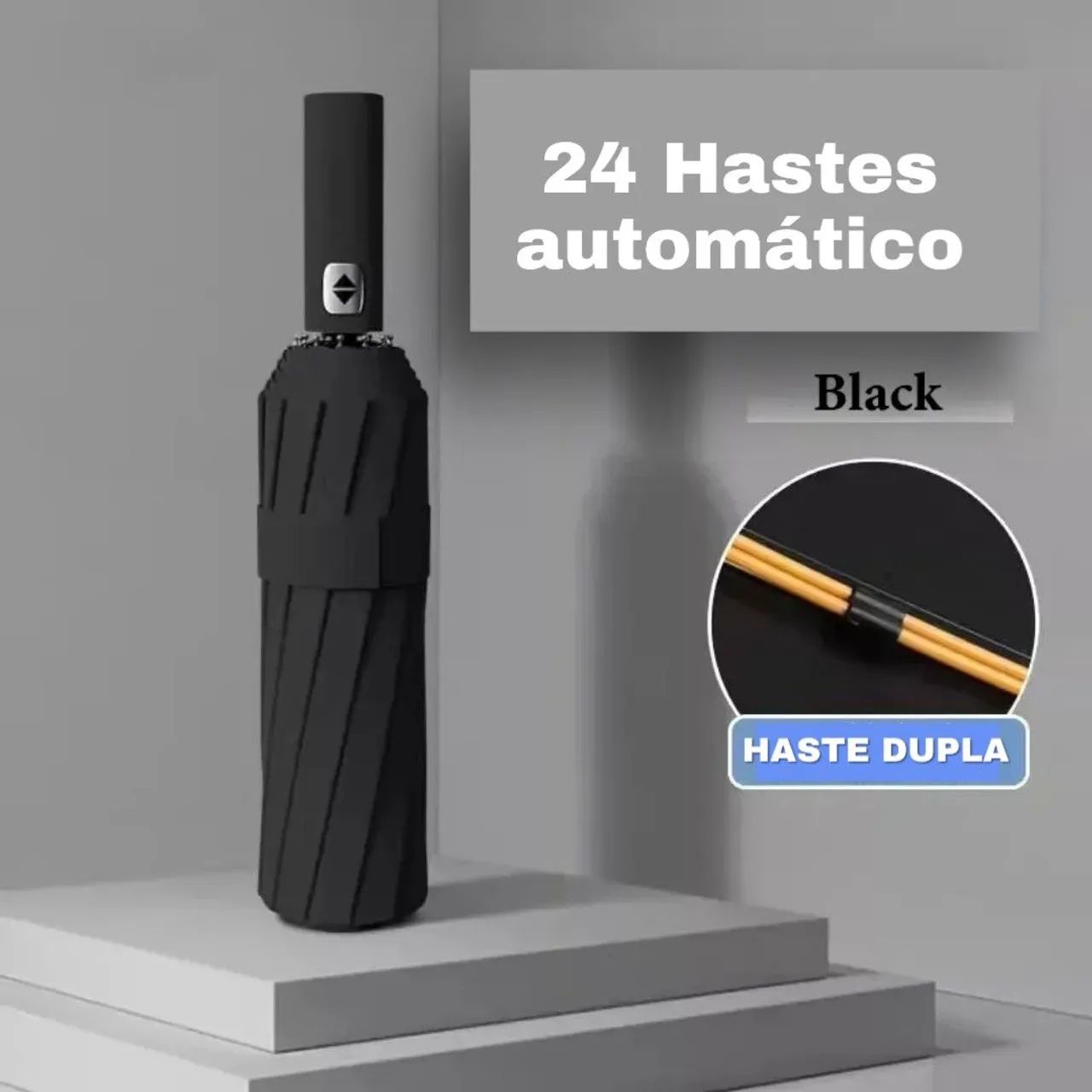 Guarda-Chuva Automático 24 Hastes reforçado, haste dupla- Preto