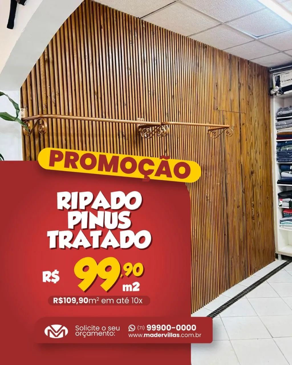 Ripado de madeira Pinus R$99,90 cada metro quadrado 