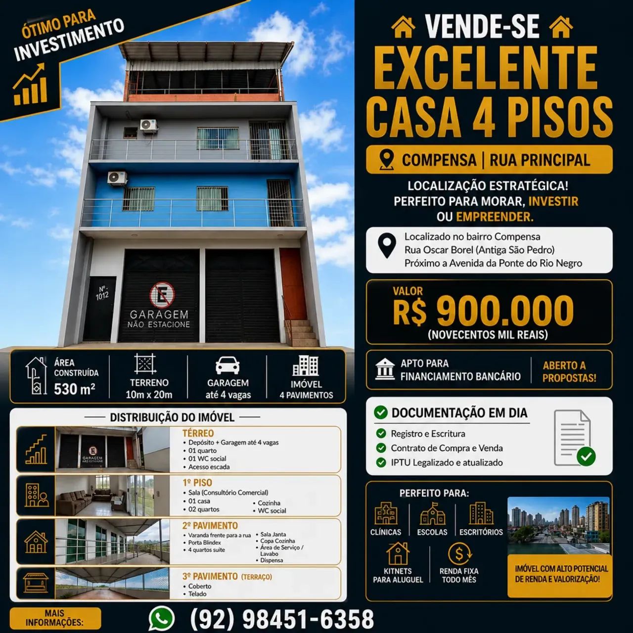 VENDE-SE EXCELENTE PREDIO 4 PISOS  COMPENSA RUA PRINCIPAL