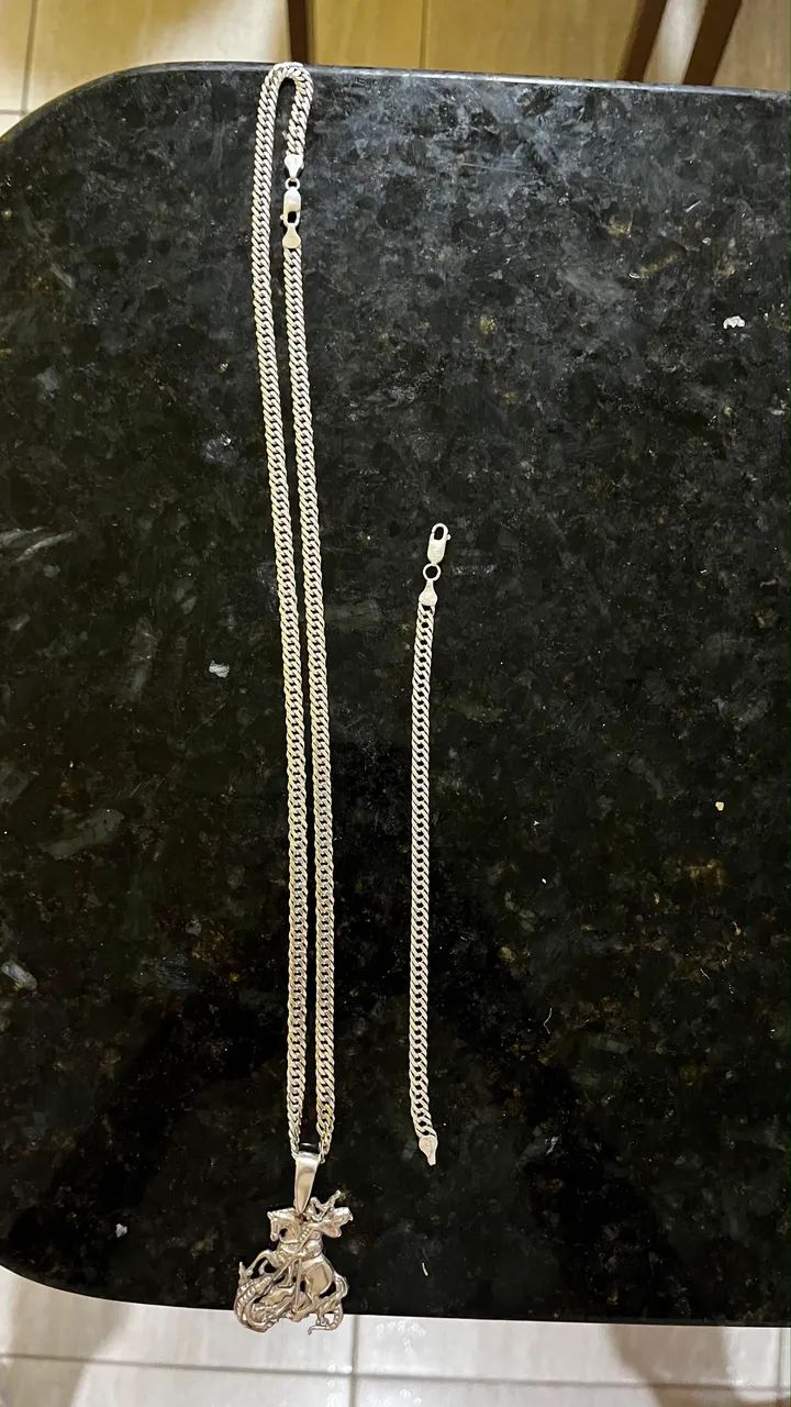 Cordão com pingente São Jorge e pulseira 6mm, 70 cm 