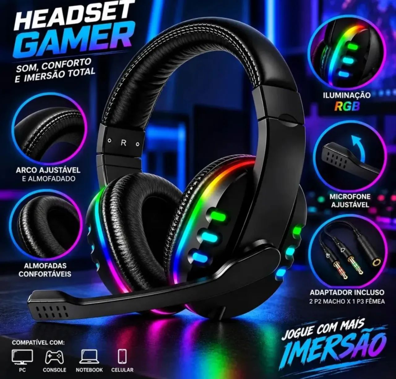 headtset gamer RGB led com microfone  - Foto 2