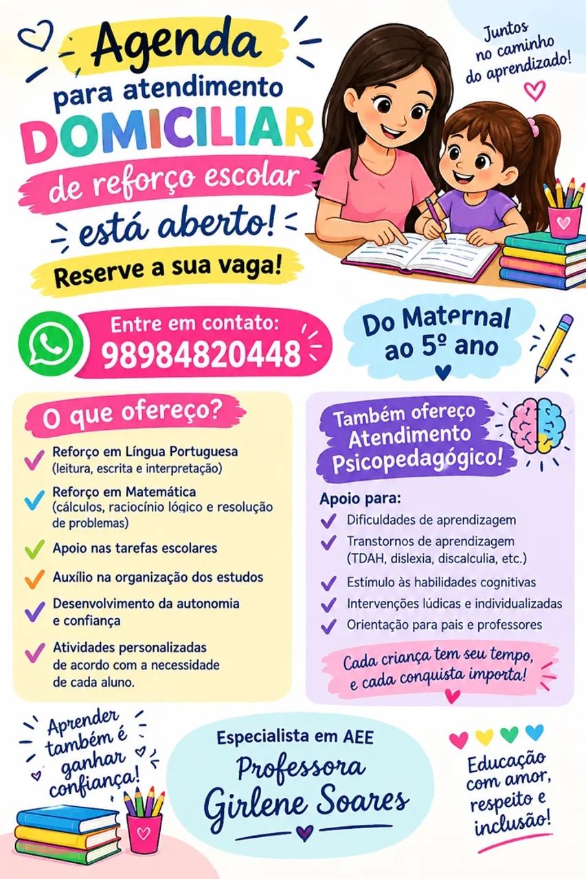 Reforço escolar em domicílio.