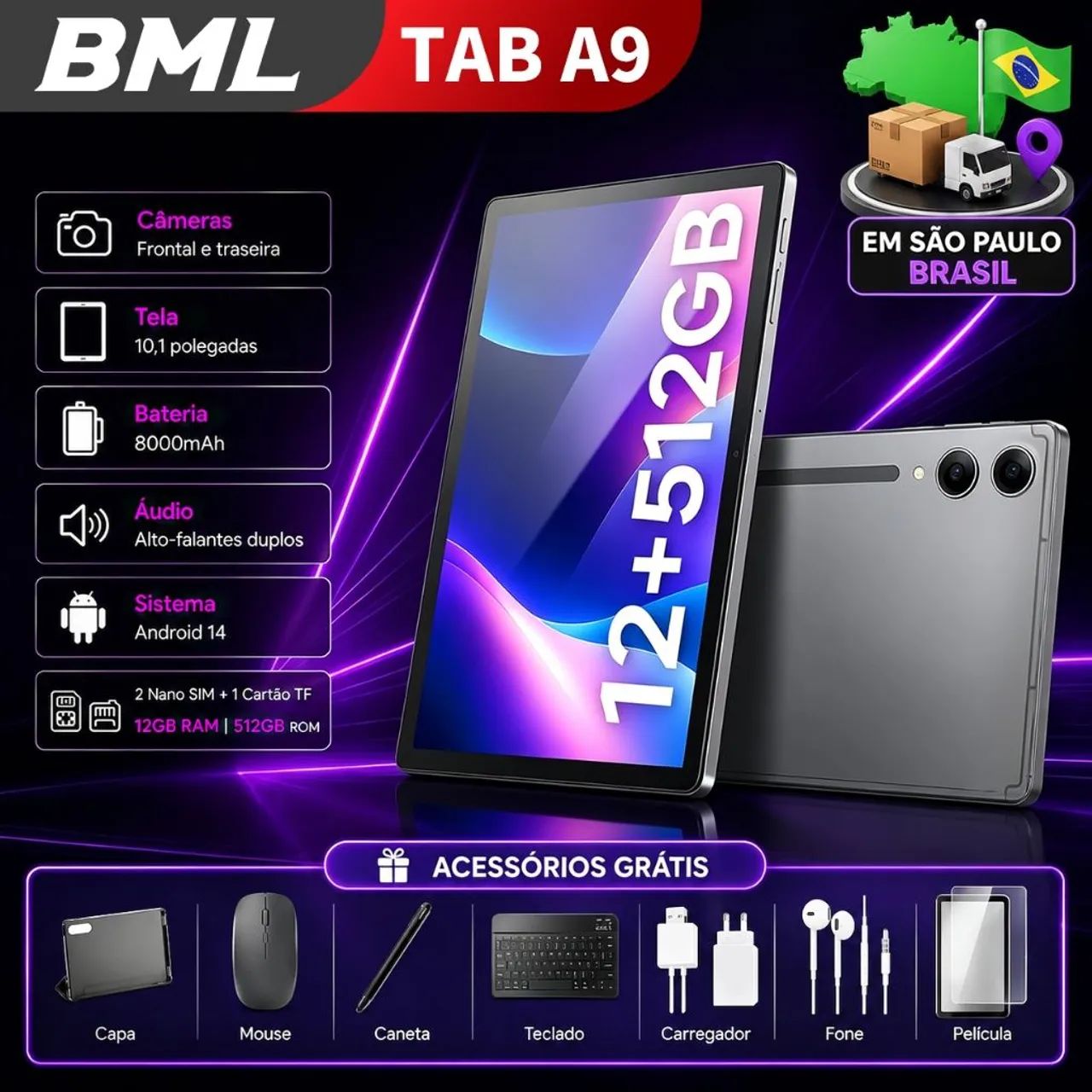 Tablet 12GB RAM +512GB HD 10,1 Polegadas Tela Grande PC pad Android 