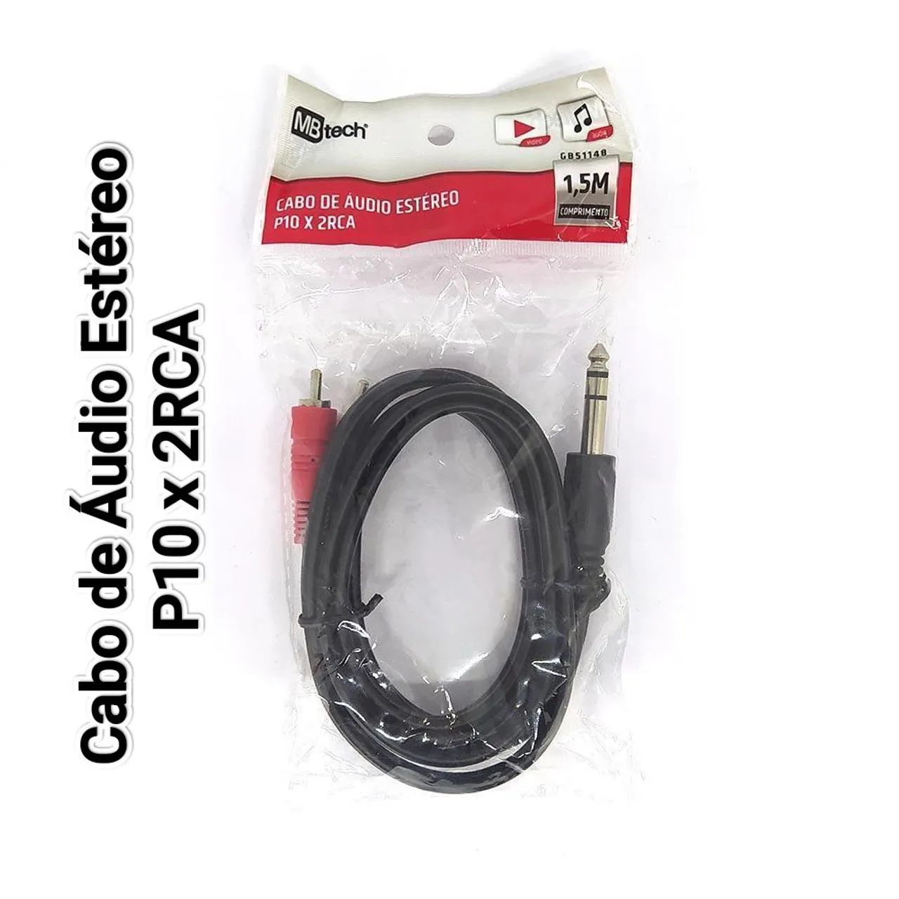 Cabo de Áudio P10 x 2Rca Estéreo Mbtech 1,5m Novo