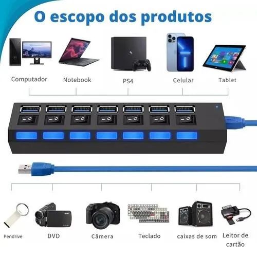 Hub USB 7 Portas USB 2.0 Prático para PC Notebook e Periféricos - Foto 2