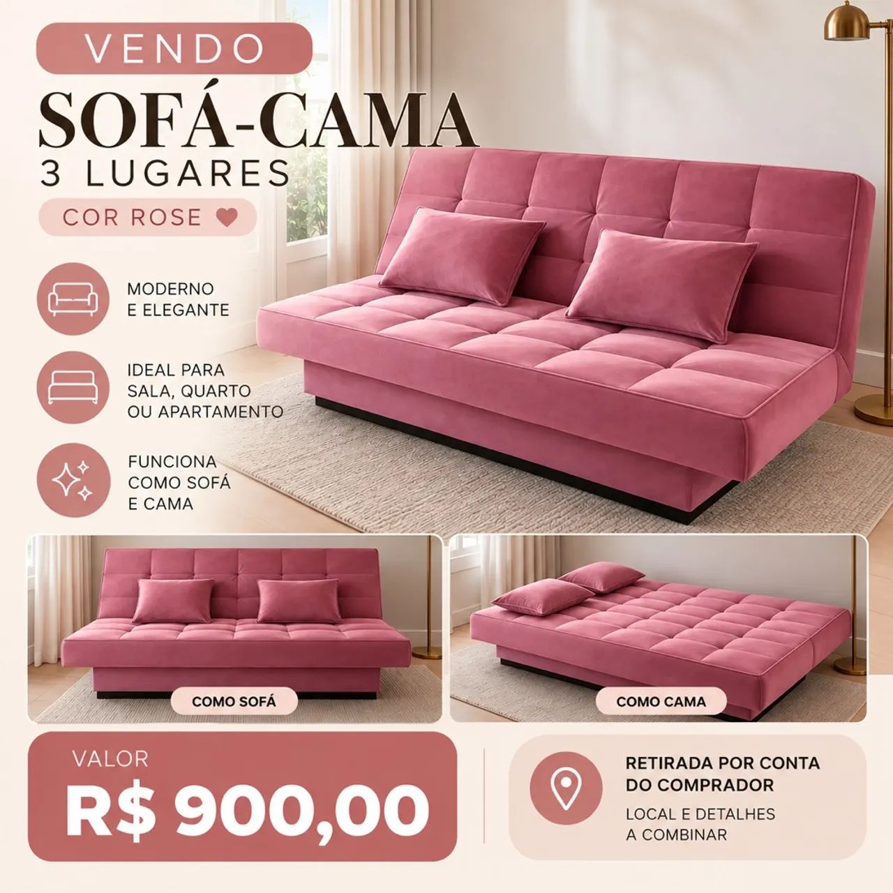 Sofá-cama rosa 3 lugares