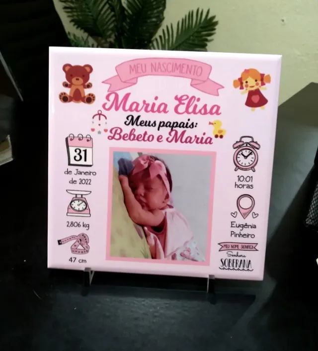 Quadro personalizado com os dados de nascimento do bebê azulejo cerâmica