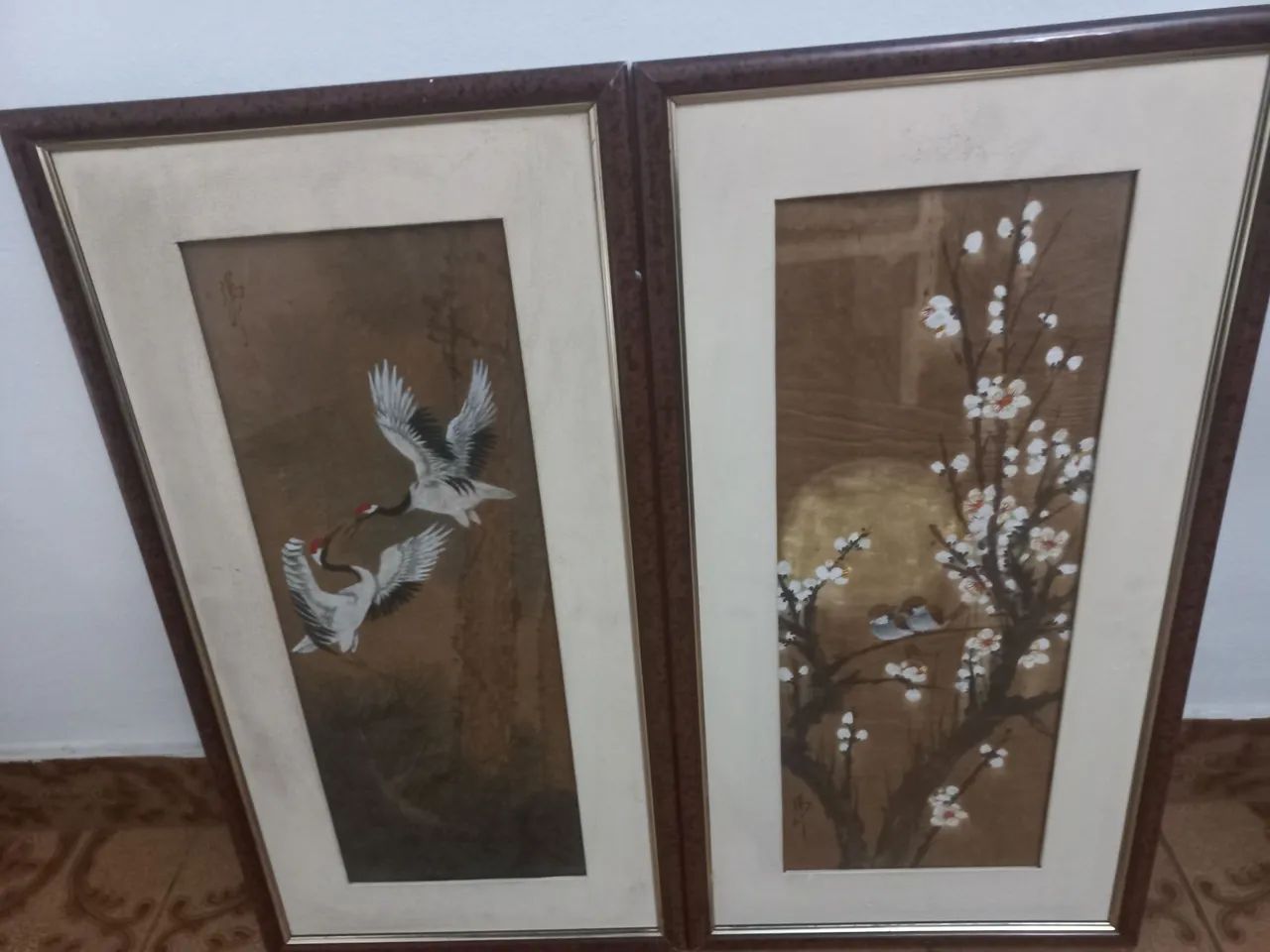  2 Quadro antigo pintura chinesa papel cortiça 