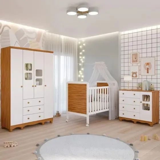Quarto Infantil Uli, 100% MDF - ( Roupeiro + Comoda + Berço Americano ) - Peroba