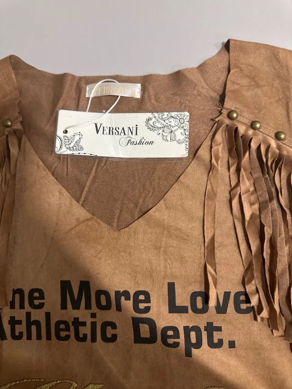 Camiseta com Franjas Marrom em suede  - Foto 3