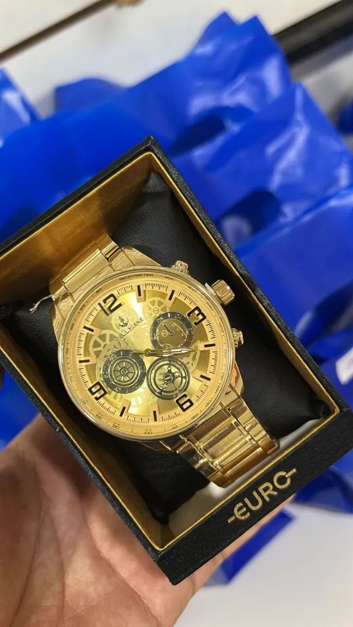 Relógio resistente água dourado masculino 