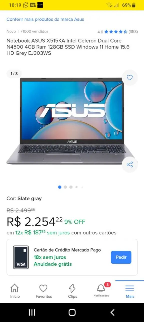 Notebook ASUS X515KA Intel Celeron N4500 4GB 128GB SSD Windows 11 Home 15,6