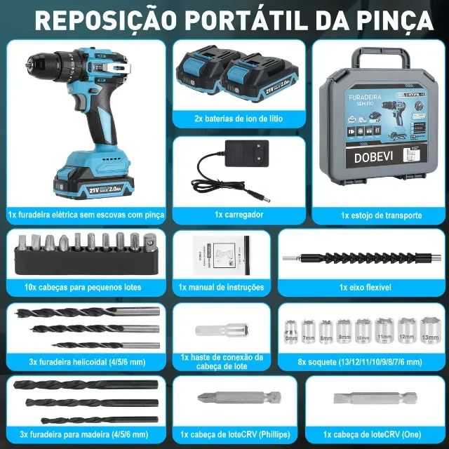 Parafusadeira E Furadeira Impacto 3 Em1 10mm C/maleta Dobevi - Azul - 60hz - Foto 3