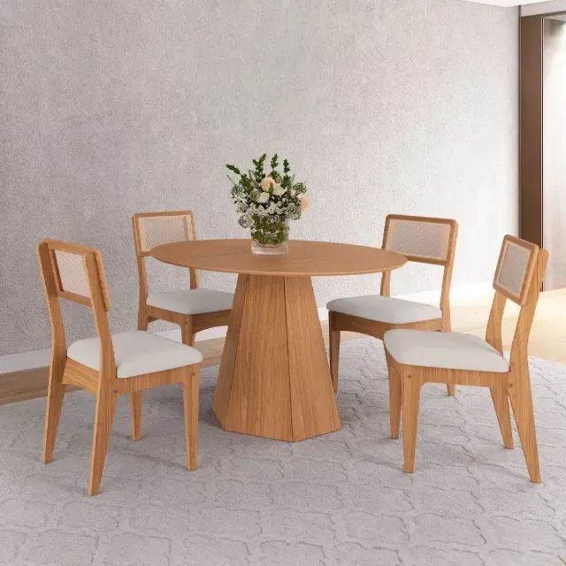 onjunto Sala de Jantar Mesa Lisboa Hexagonal com 4 Cadeiras Palha Sintética 100% MDF