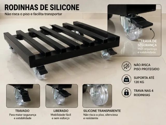 SUPORTE BASE DE FERRO QUADRADA PARA VASO DE PLANTA GALÃO DE AGUA COM RODINHAS