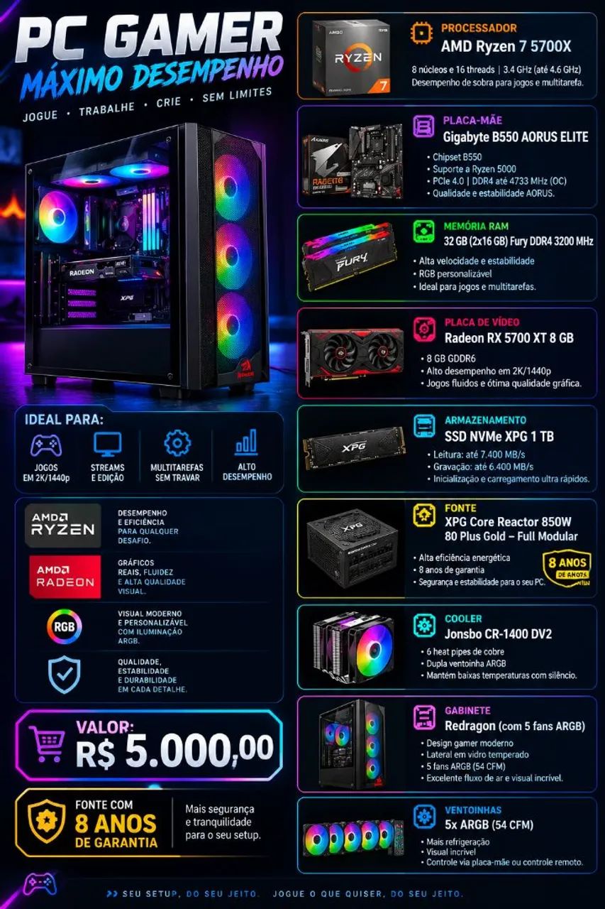 Computador gamer Ryzen 5700x