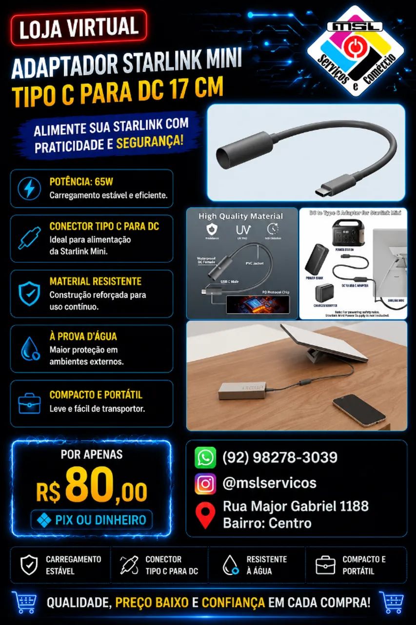 Adaptador Starlink Mini USB-C para DC - 17 cm | Portátil | Resistente à Água