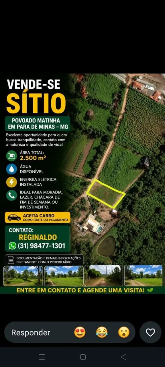 vende-se terreno a 7 km de para de minas2.500m2