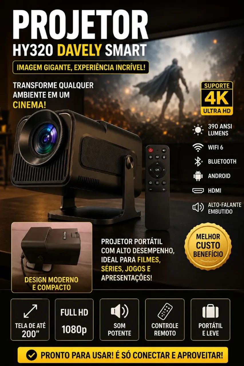 Projetor HY320 DAVELY SMART TV ANDROID