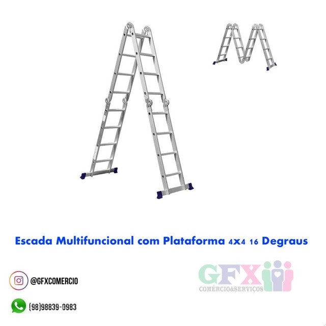 Escada de alumínio c 16 degraus 4x4 c plataforma multifuncional 
