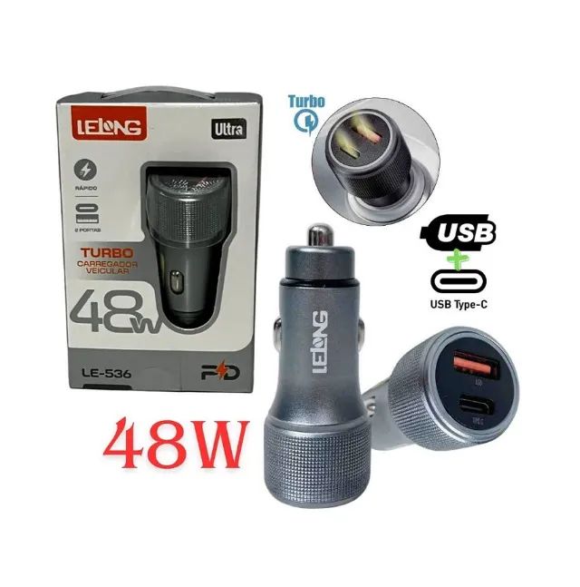 Carregador Veicular Turbo 48W 2 Portas USB A e Usb C 