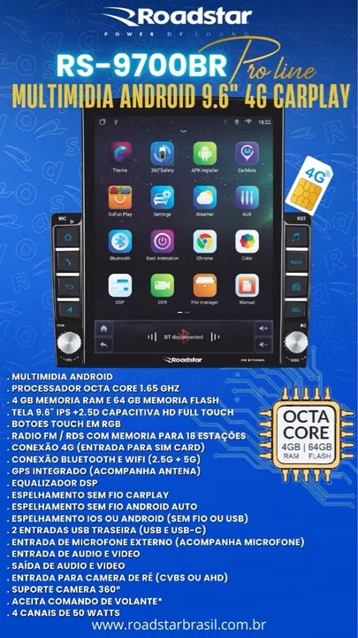Central multimídia Android 9.6 4G Roadstar RS-9700BR