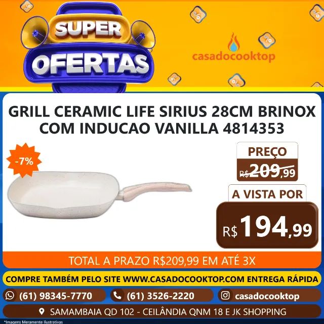 GRILL CERAMIC LIFE SIRIUS 28CM BRINOX COM INDUCAO VANILLA 4814353