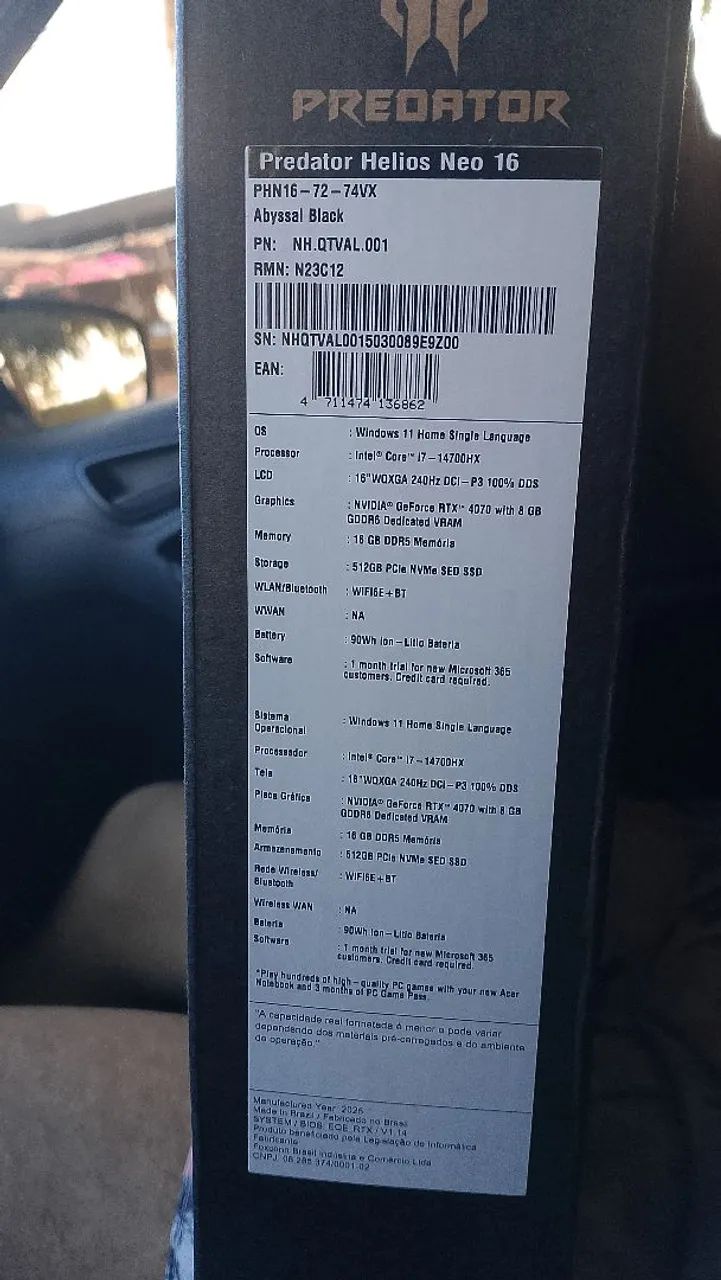 Notebook Acer predator helios i7 16gb rtx 4070 