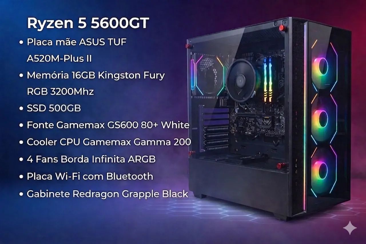 PC Gamer Ryzen 5 5600GT - 16GB - SSD 500 - Wi-Fi - Computadores e